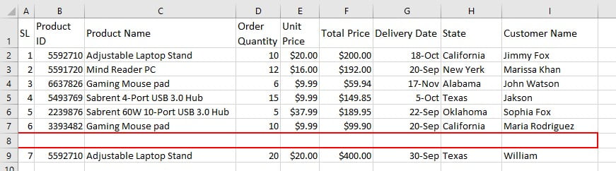 Blank row in Excel Database Blank row in Excel
