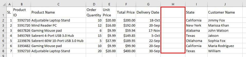 Empty column in a Excel database