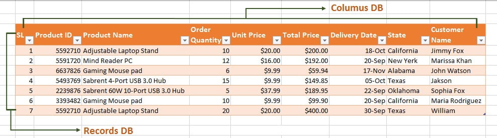 Simple database in Excel