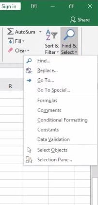 Excel find and search bar