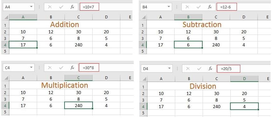 Excel addition, subtraction, multiplication, division formula