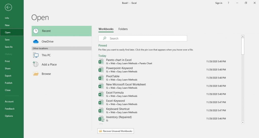 Excel existing workbook