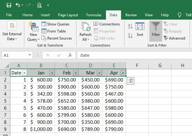 Excel filter data selected