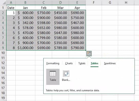 Table dialog box