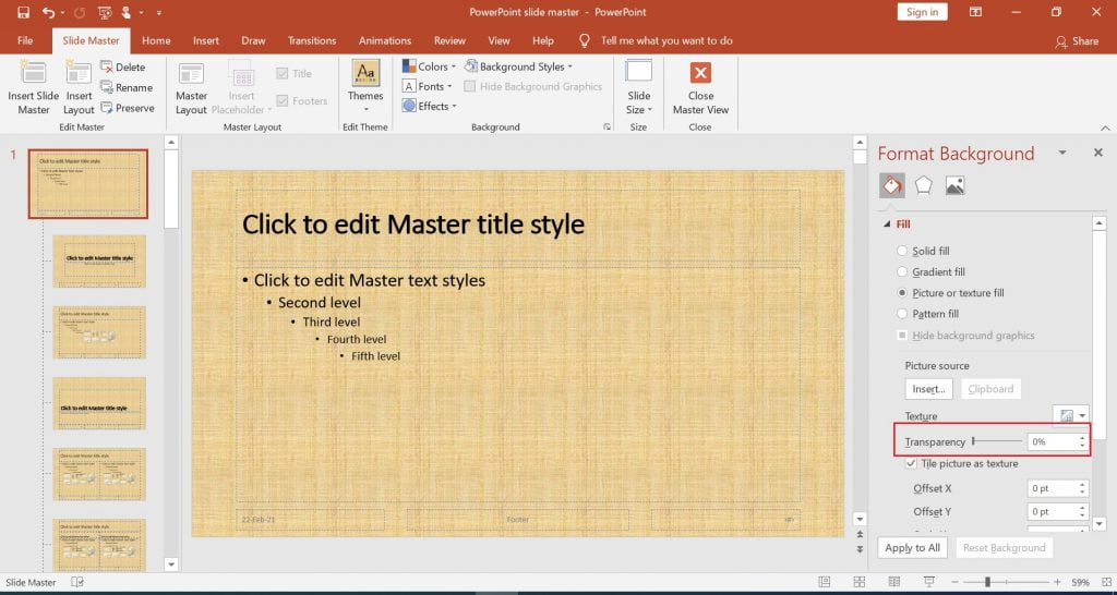 Edit the background graphics Change background opacity percentage
