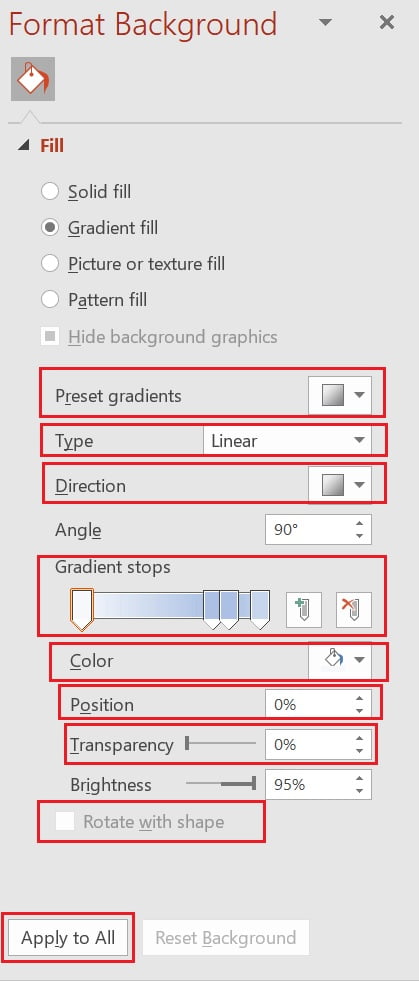 Customize gradient fill Background Edit the gradient fill Background