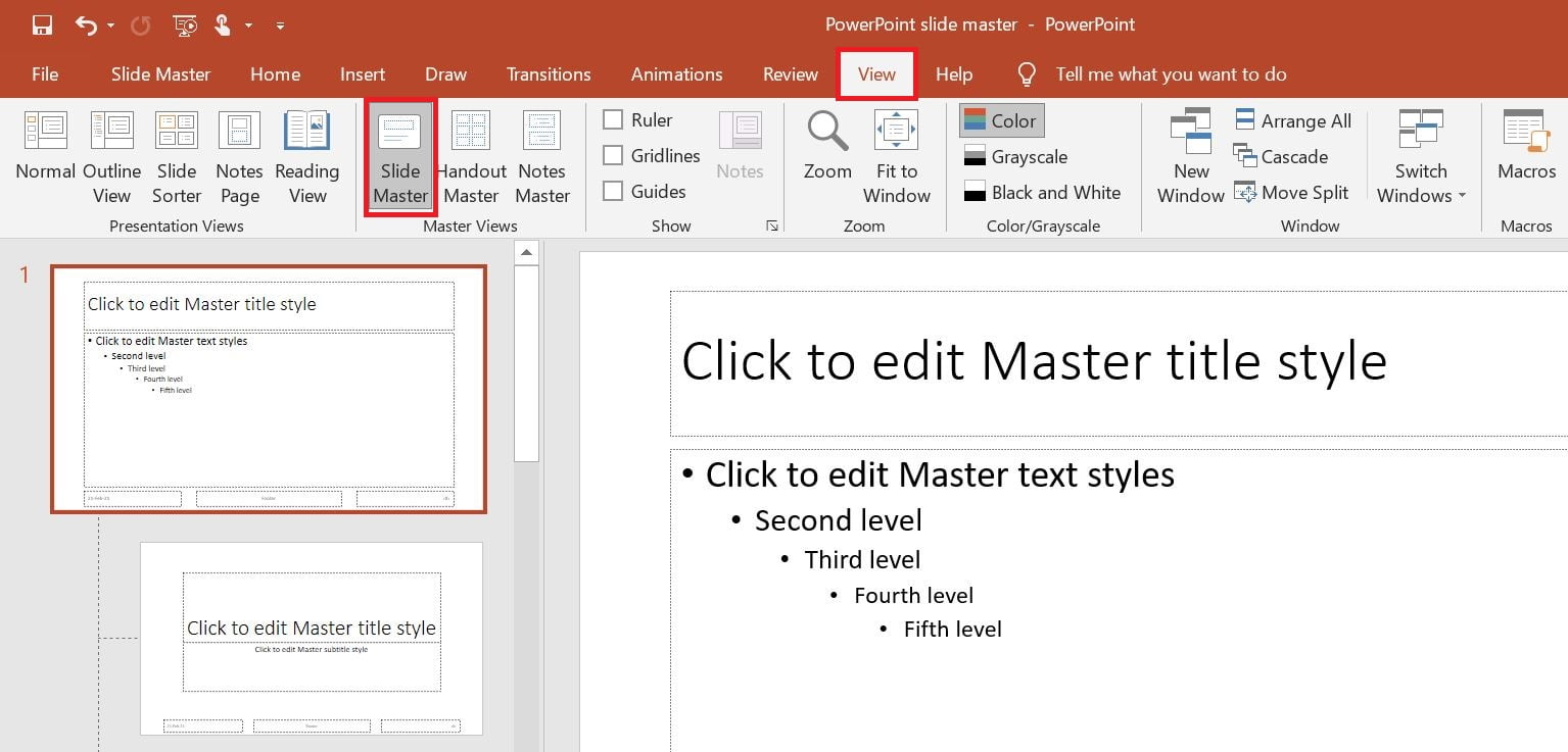 go to view, click slide master