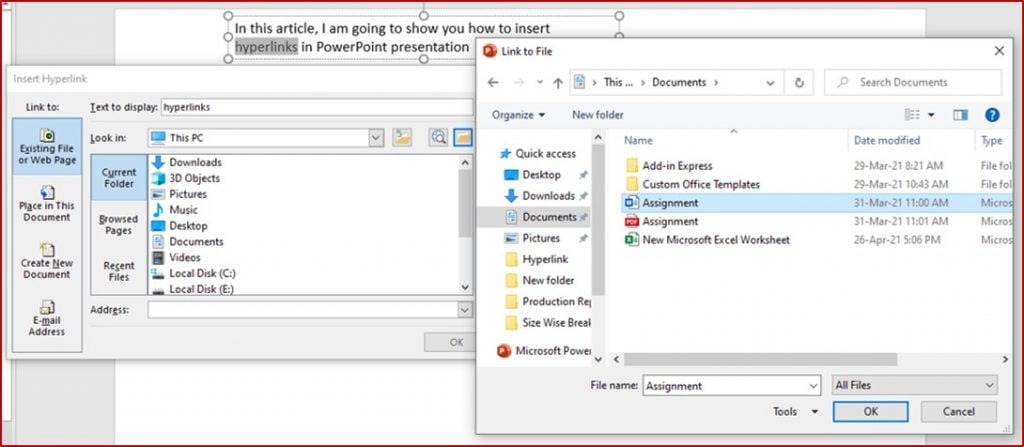 link in existing file or web page
