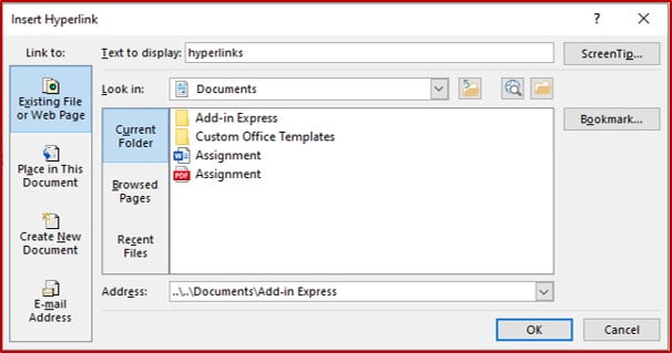 insert hyperlinks in powerpoint dialog box