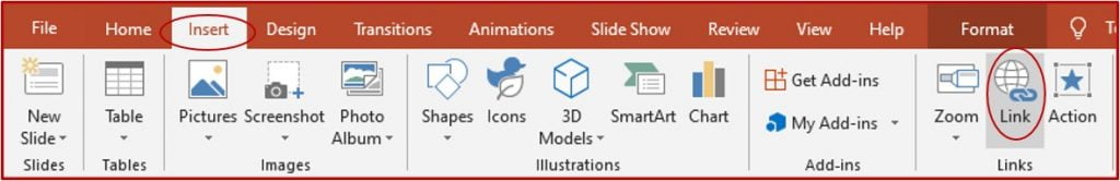 link button using insert tab