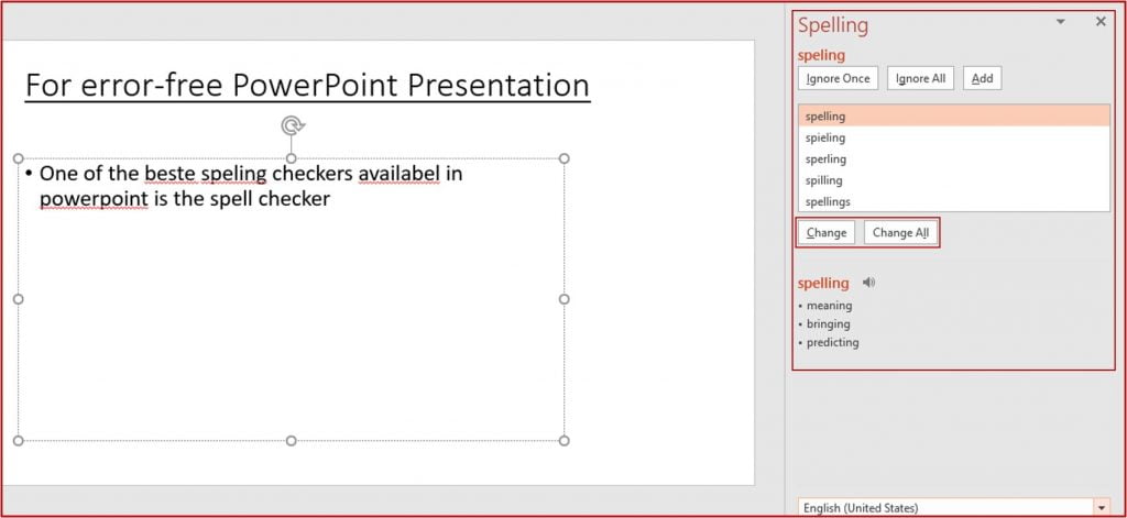 powerpoint spelling dialog box