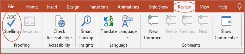 spelling button in powerpoint