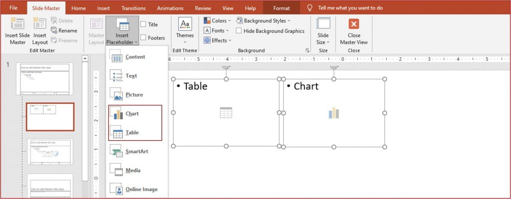 insert chart and table placeholder