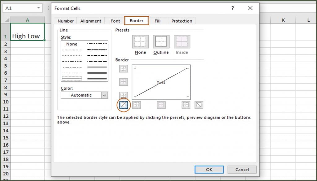 diagonally up border in excel