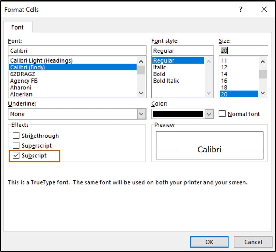 mark subscript in format cells