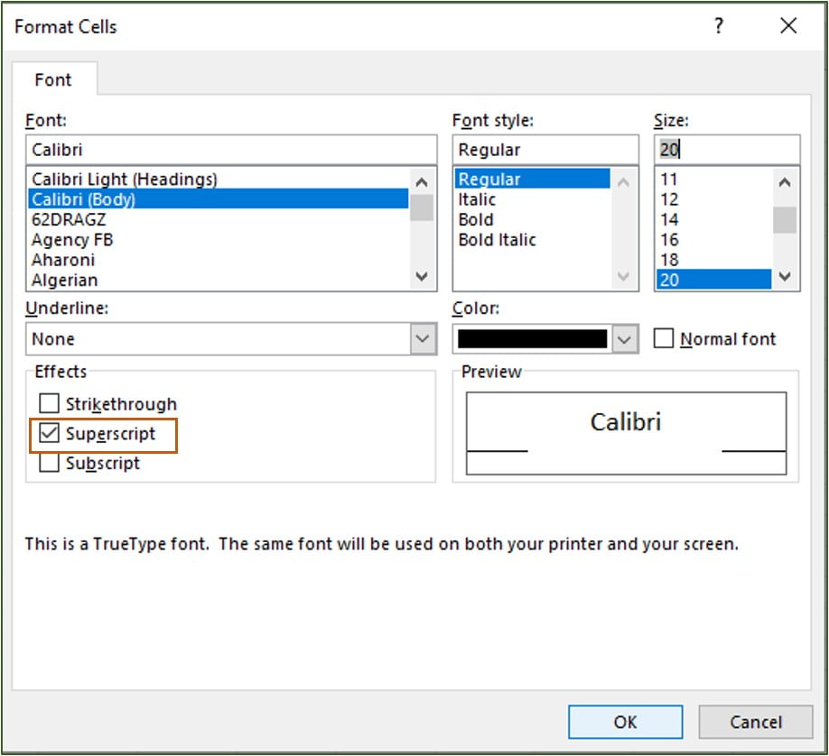 mark superscript in format cells