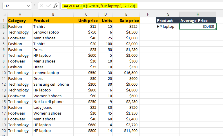 averageif calculation in excel