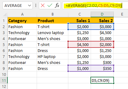 non-contiguous cells average