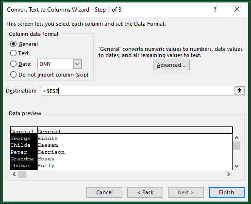 Change the destination cell in Text to Columns Wizard-3
