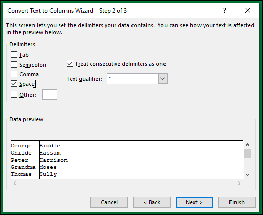 Check the space option in Text to Columns Wizard-2
