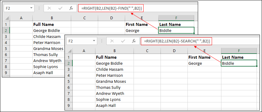 split the last names formulas