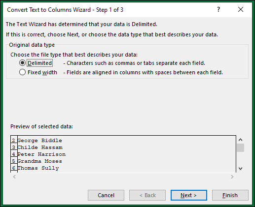 Select Delimited in the Text to Columns Wizard-1