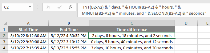 time subtracting formula in excel