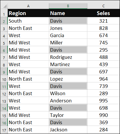specific cells with text have been selected
