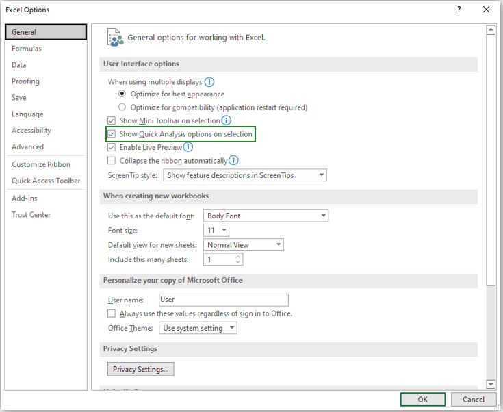 show quick analysis options on selection