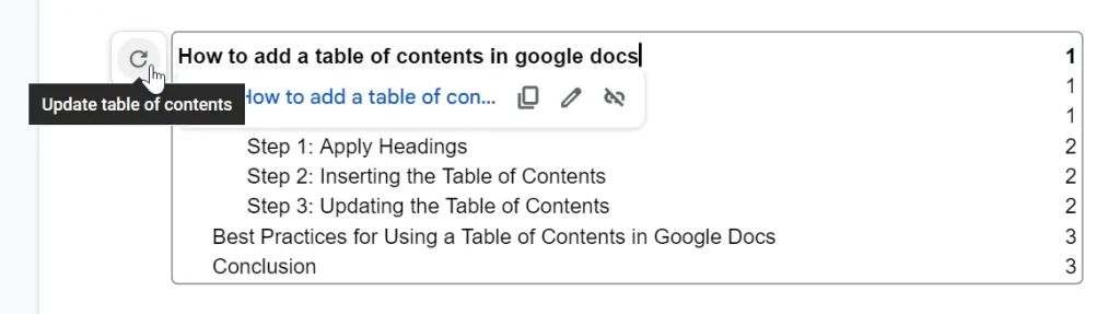 update table of contents