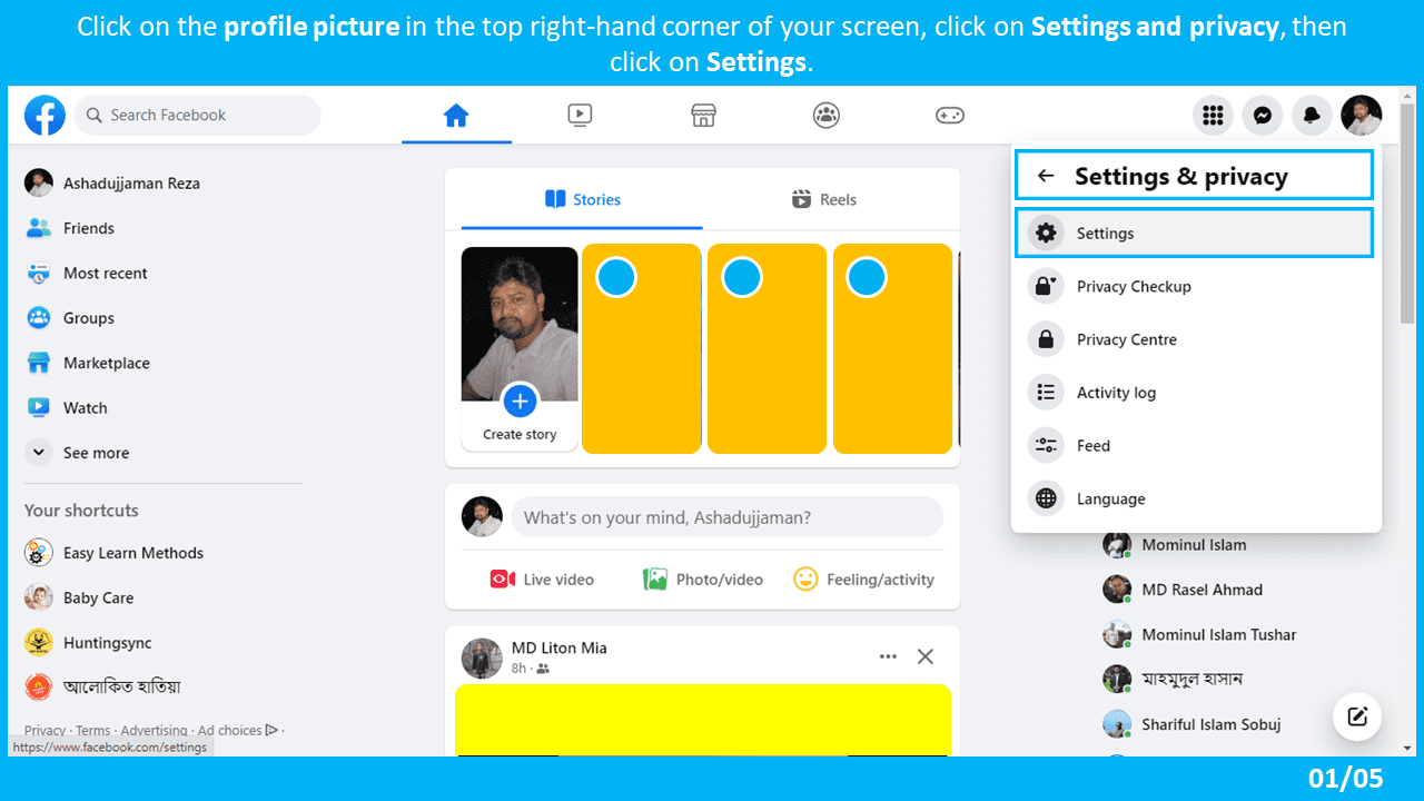 Facebook settings option