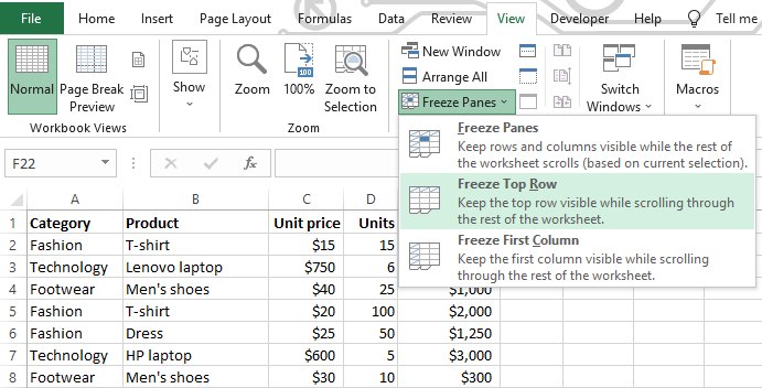 freeze a row in excel