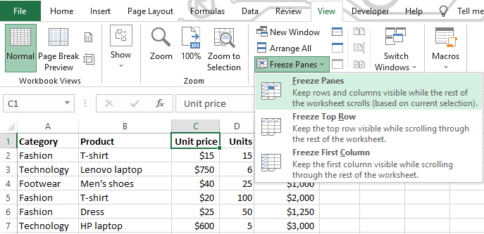 Freeze columns in Excel