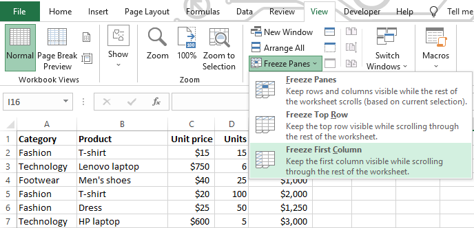 freeze first column in excel