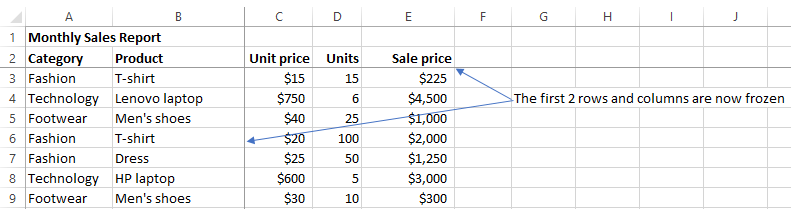 freeze multiple rows and columns