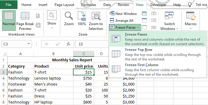 Freeze rows and columns in Excel