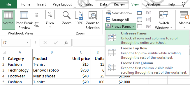 unfreeze panes